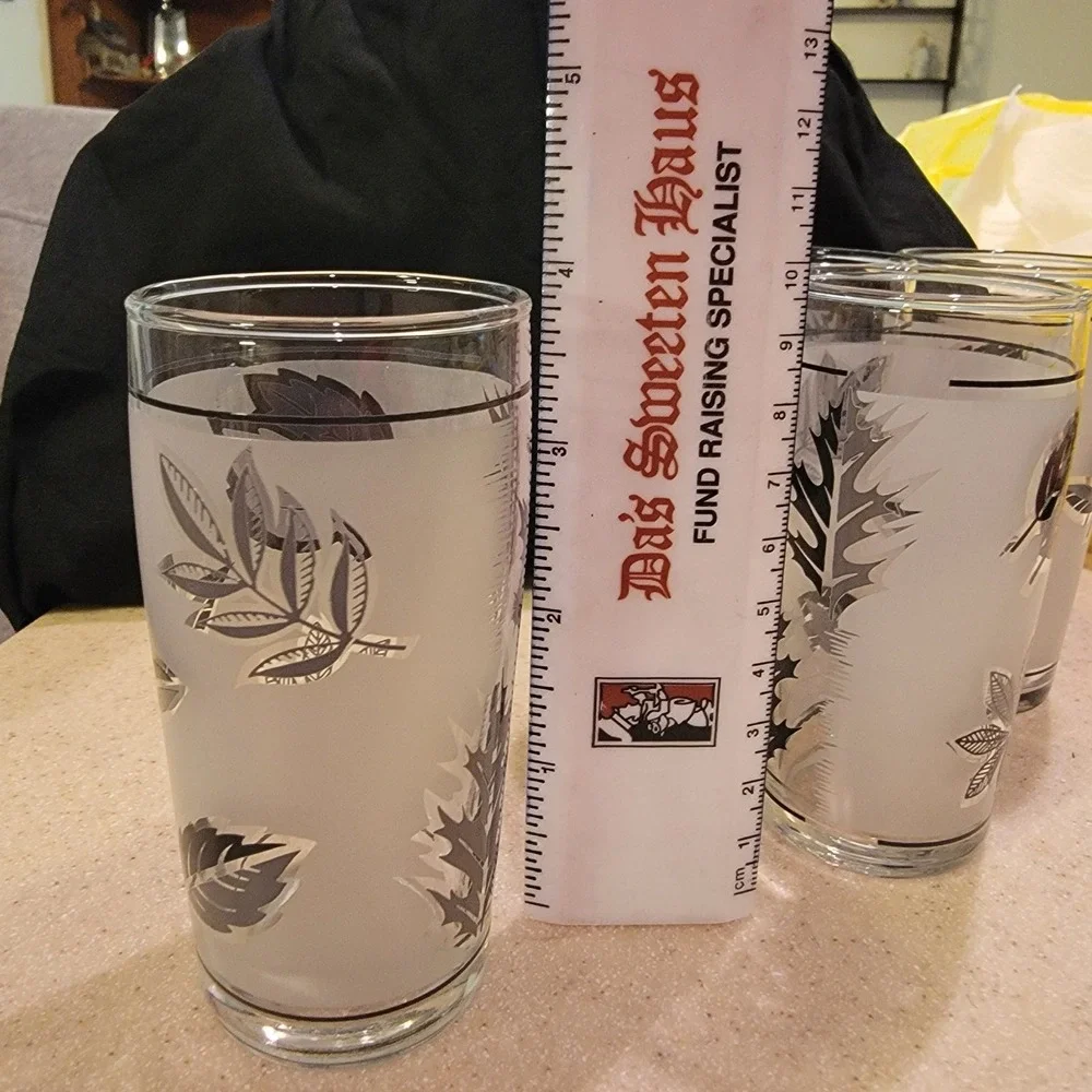 Set of 4 Glass Tumblers Frosted Clear Leaf Pattern Decorated Round 4 in high.